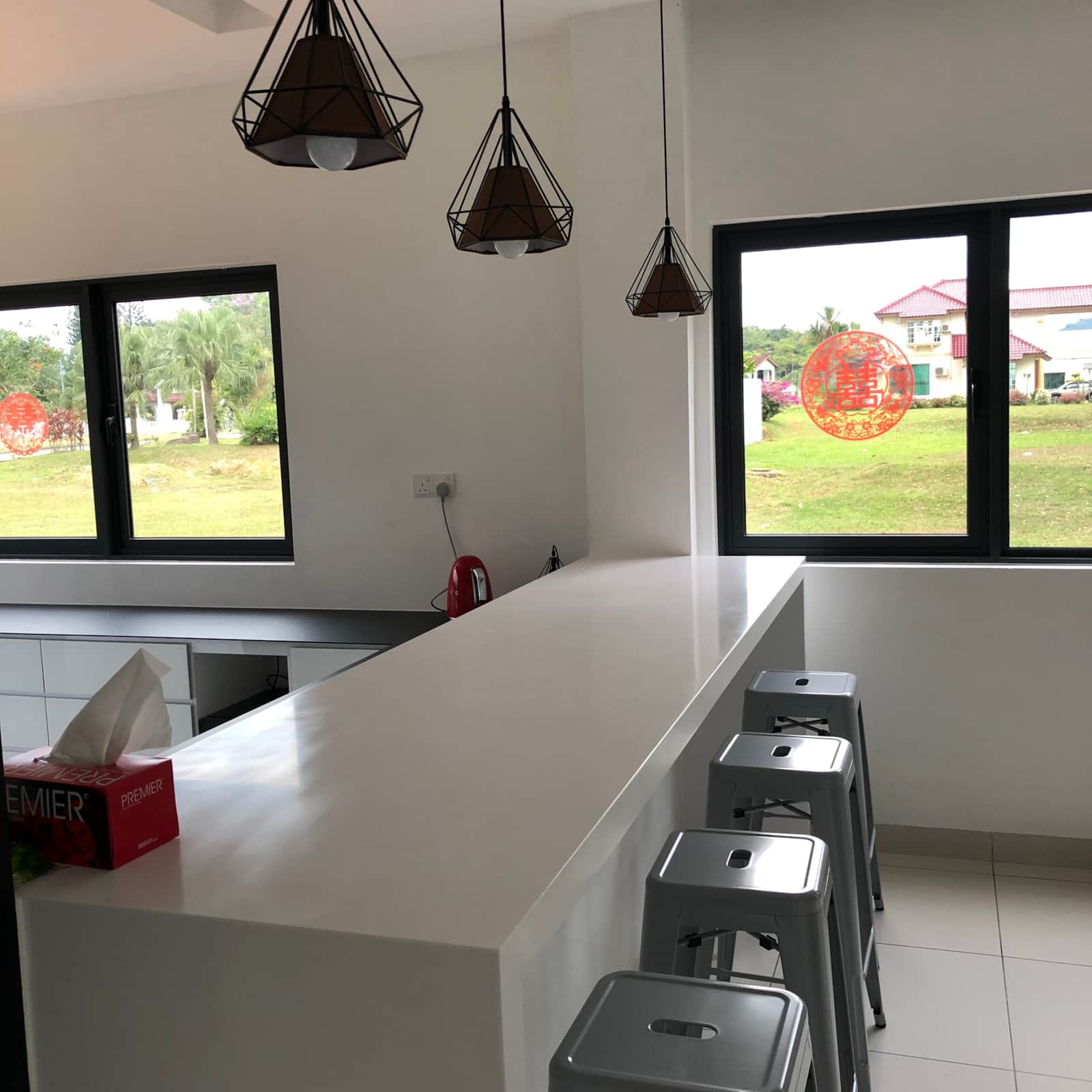 Kitchen counter looking out to the garden