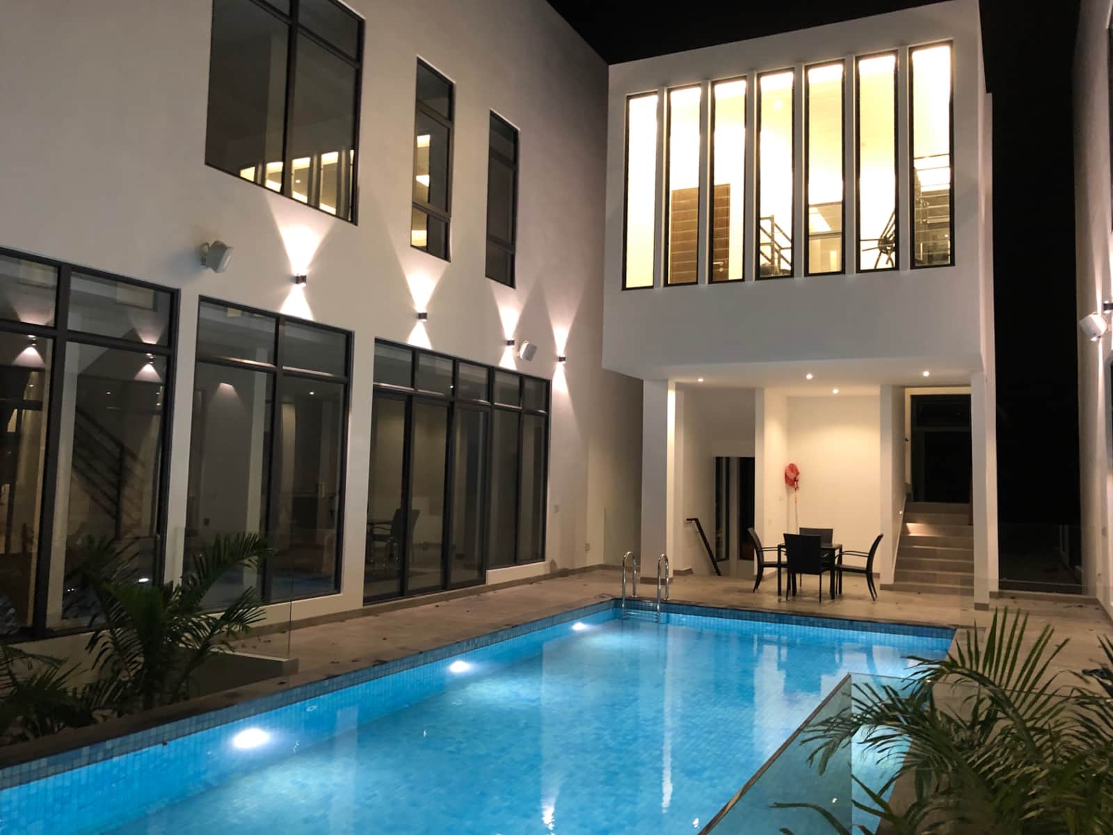 Pool at night seen from the second floor
